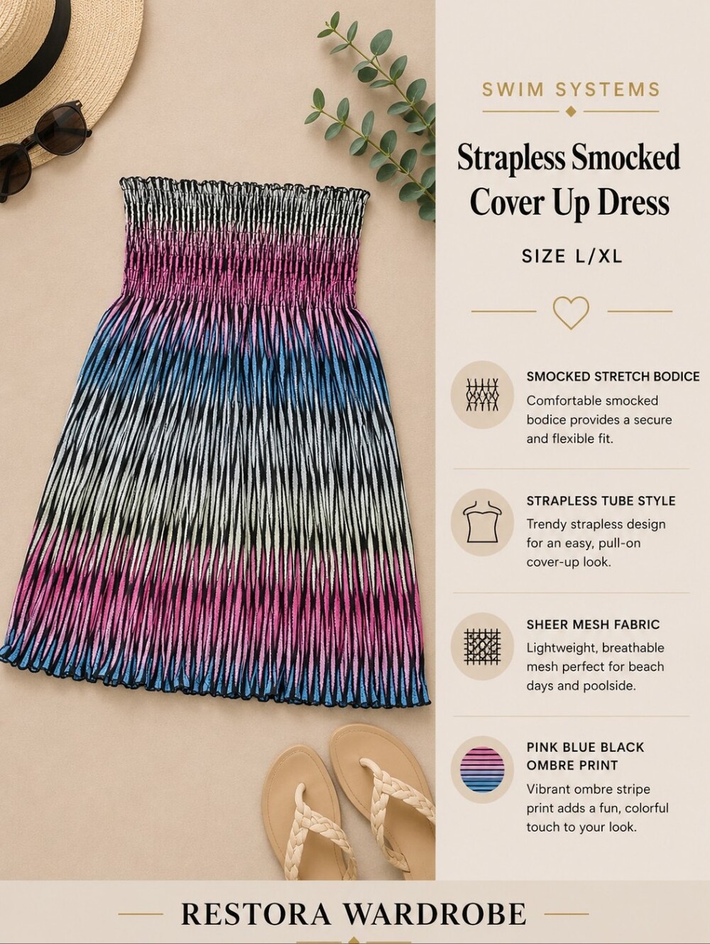 Swim Systems Rainbow Strapless Smocked Mesh Beach Cover Up Dress L/XL